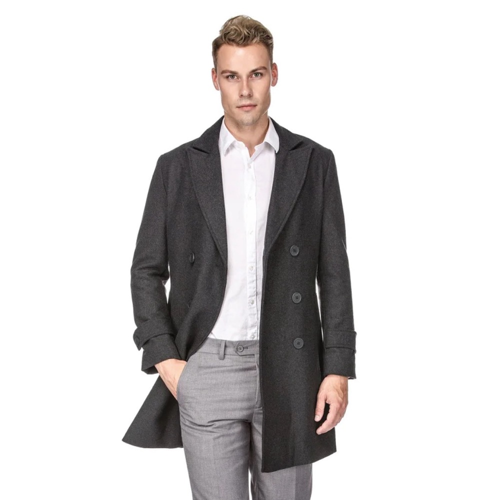 Men’s Bravemen Double-Breasted Charcoal Wool Coat, XL